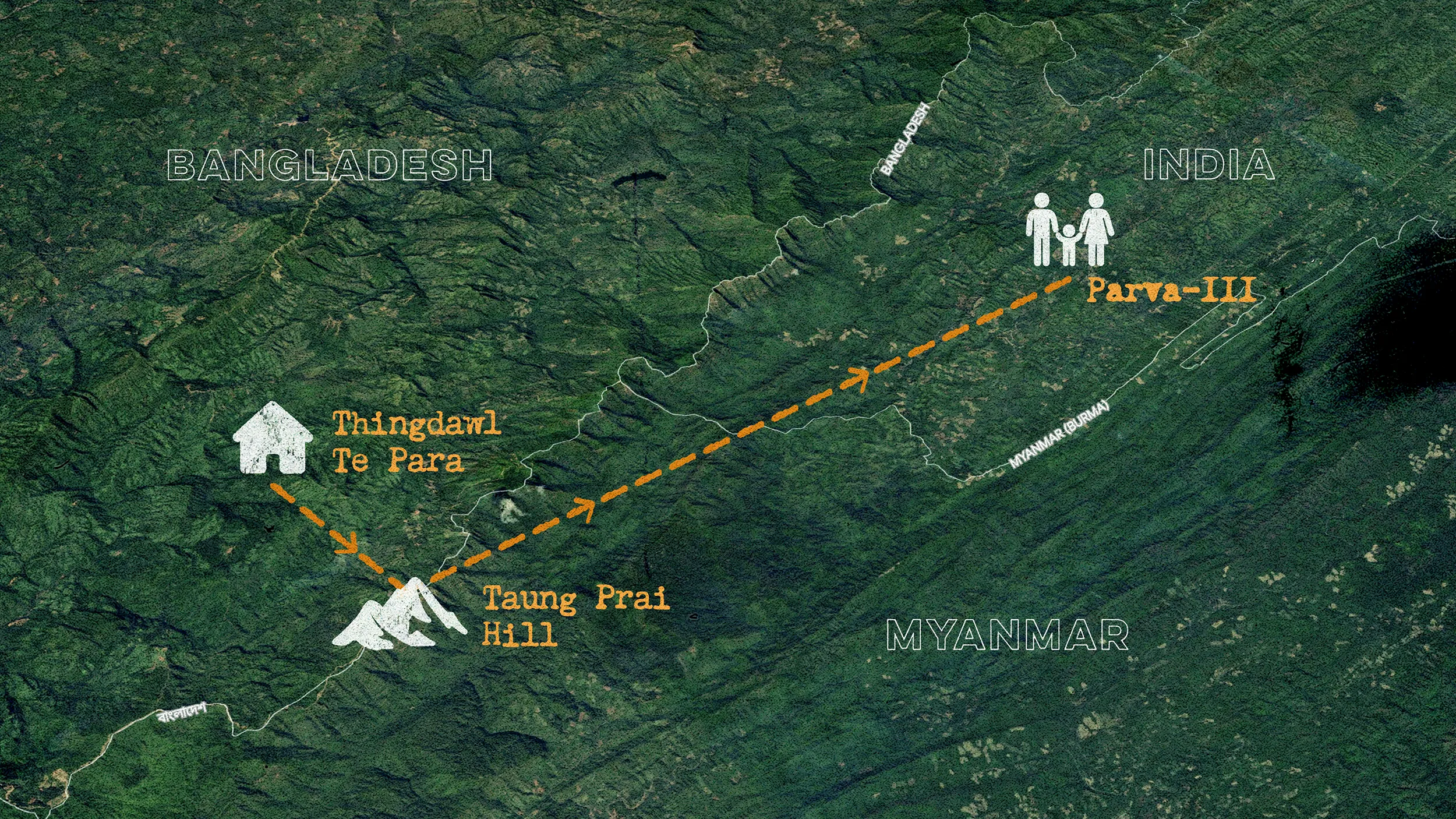 A map showing the distance to a Bawm refugee camp in Mizoram, India, where hundreds fled from their homes in Bangladesh.